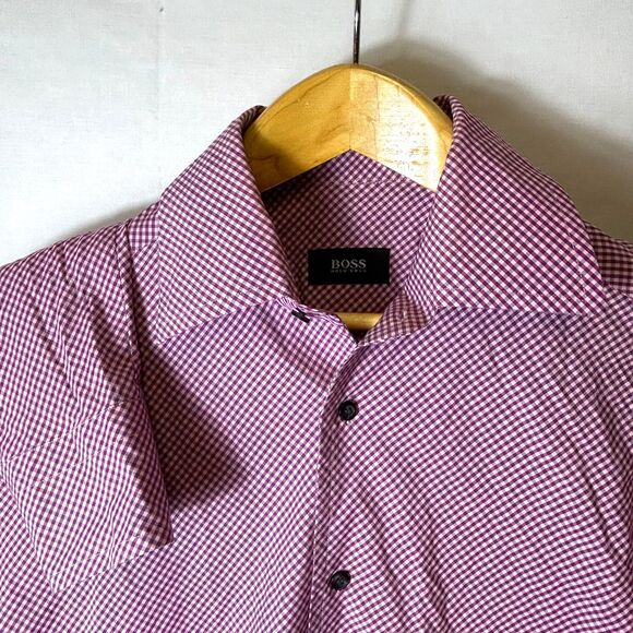 Boss Hugo Boss Pink Blue Purple Mini Check LS Classic Dress Shirt Sz 15.5 34/35 - Picture 1 of 11